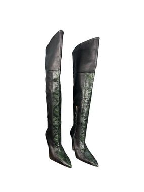 Good American The KoKo Over-the-Knee Black and Green Snakeskin Pointed Boots